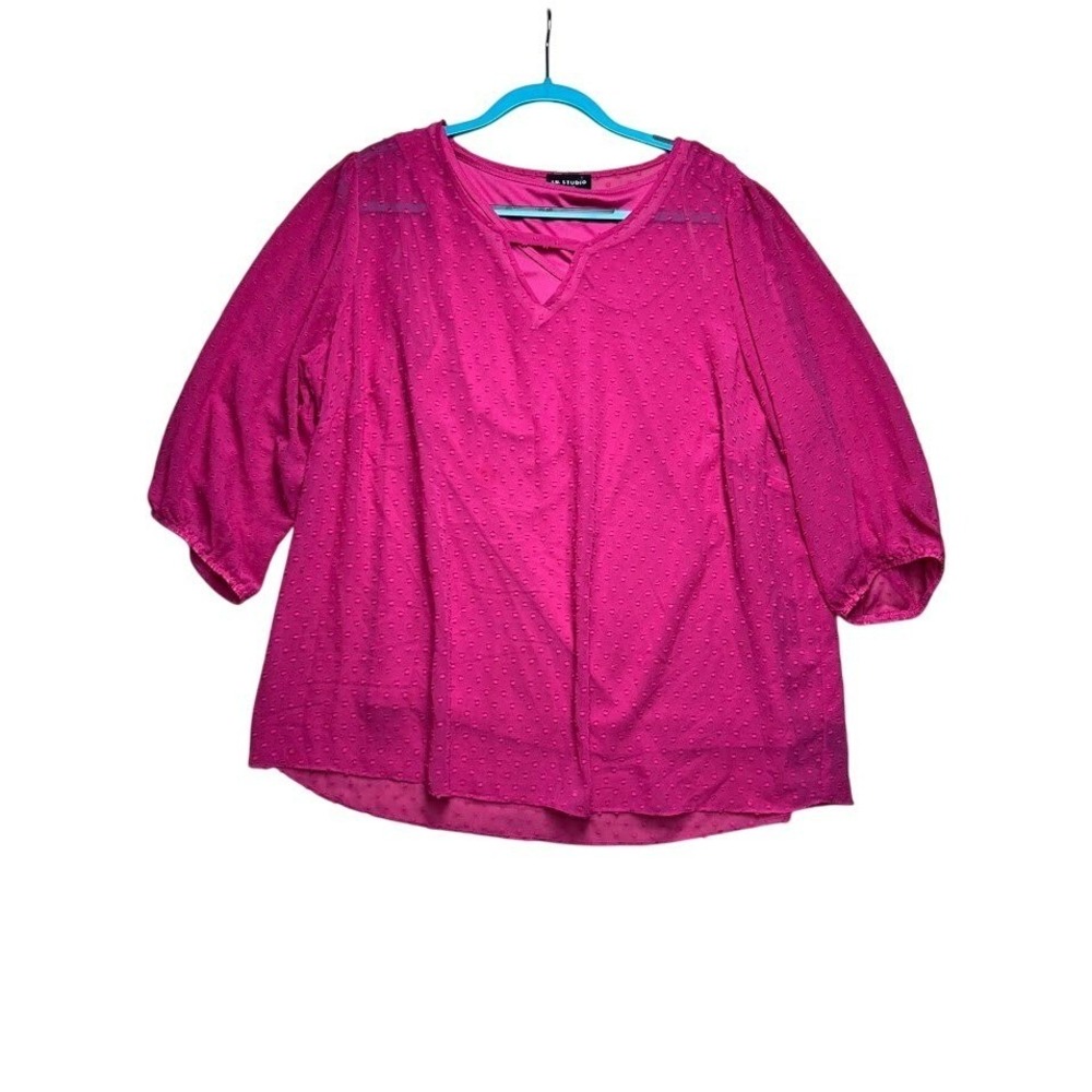 IN Studio Woman 2X Fuchsia Pink Swiss Dot V-Neck 3/4 Sleeve Blouse Top